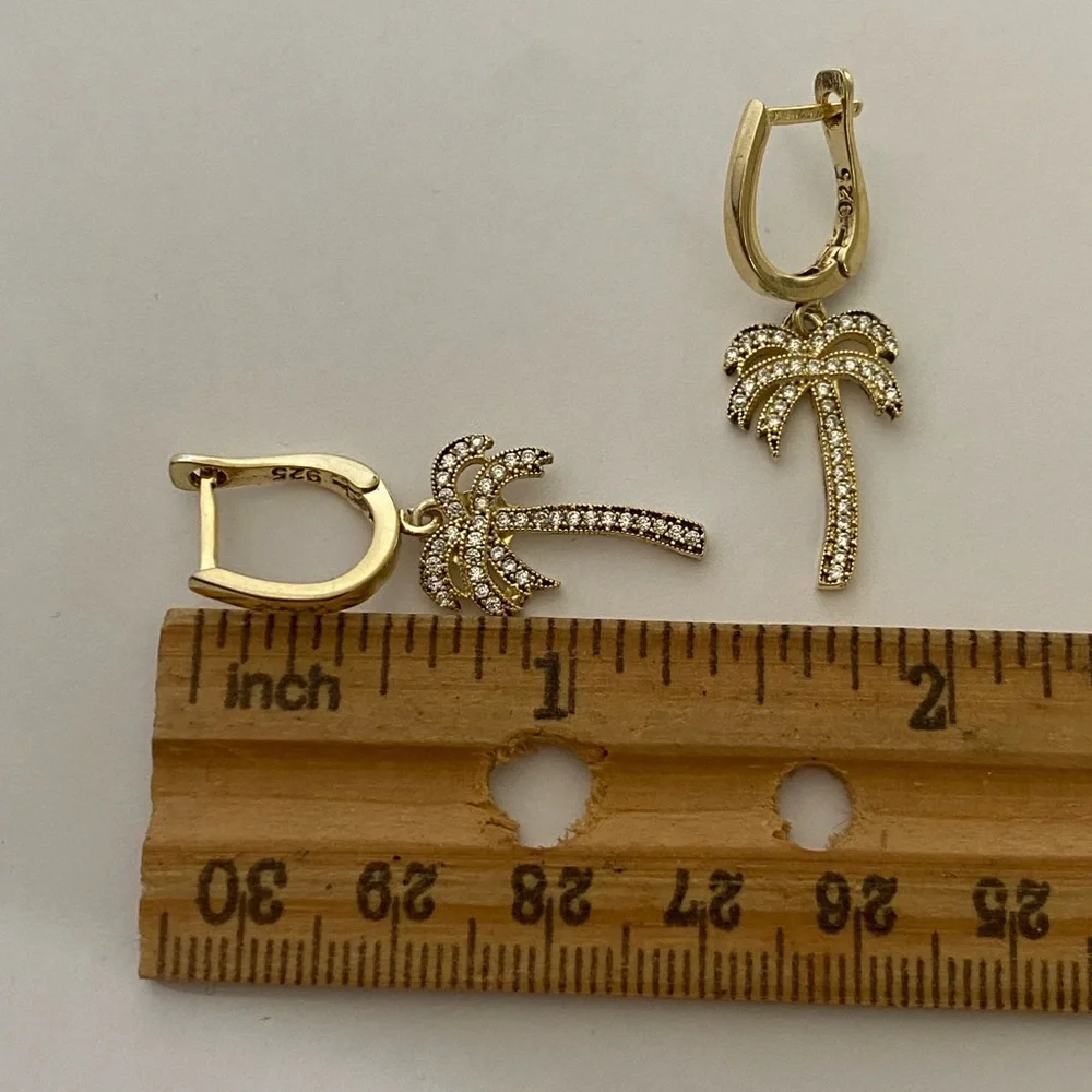🌴925 Silver palm tree cz dangling hoop earrings 18k yellow gold plated